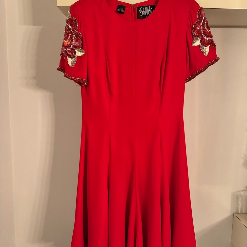 Vintage 80s Bob Mackie Red Dress with Floral Embroidery